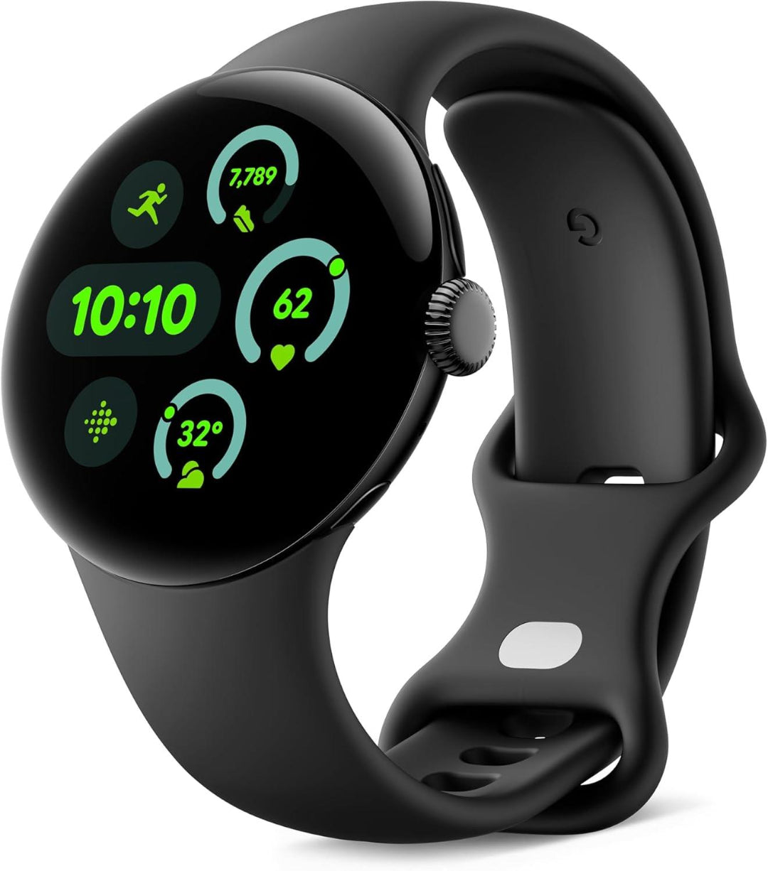 Refurbished Google Pixel Watch 3 GPS 45mm in black, showing the smartwatch with digital display and sleek design.