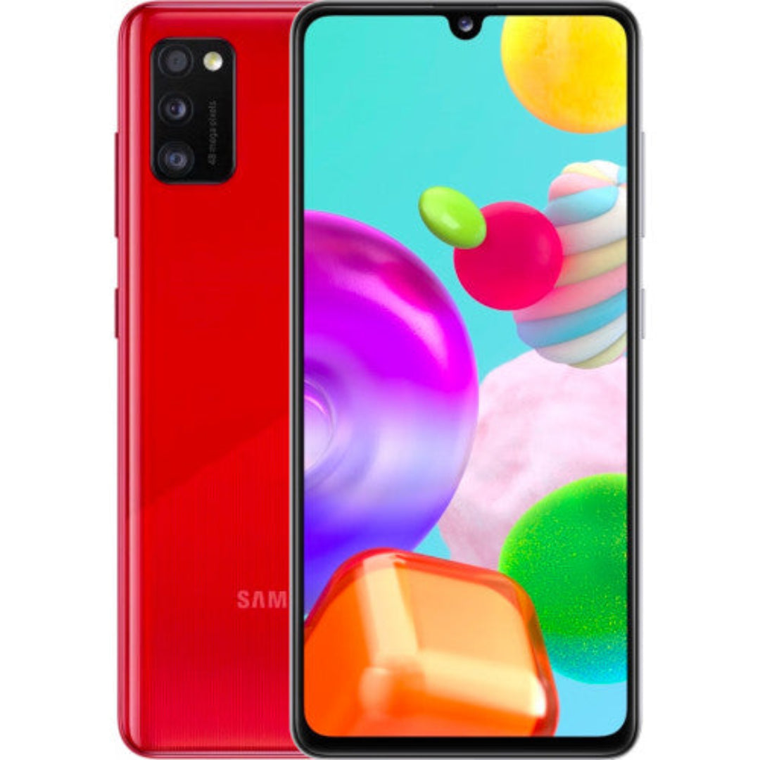 Refurbished Samsung Galaxy A41 SIM free smartphone with black finish, front and back view, showcasing the device's sleek design.