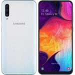 Refurbished Samsung Galaxy A50 SIM free smartphone with black display and sleek design.