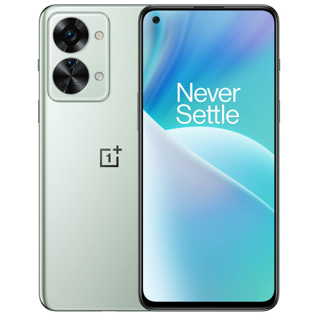Refurbished OnePlus Nord 2T 5G unlocked smartphone with dual rear cameras and sleek design, shown in the product image.