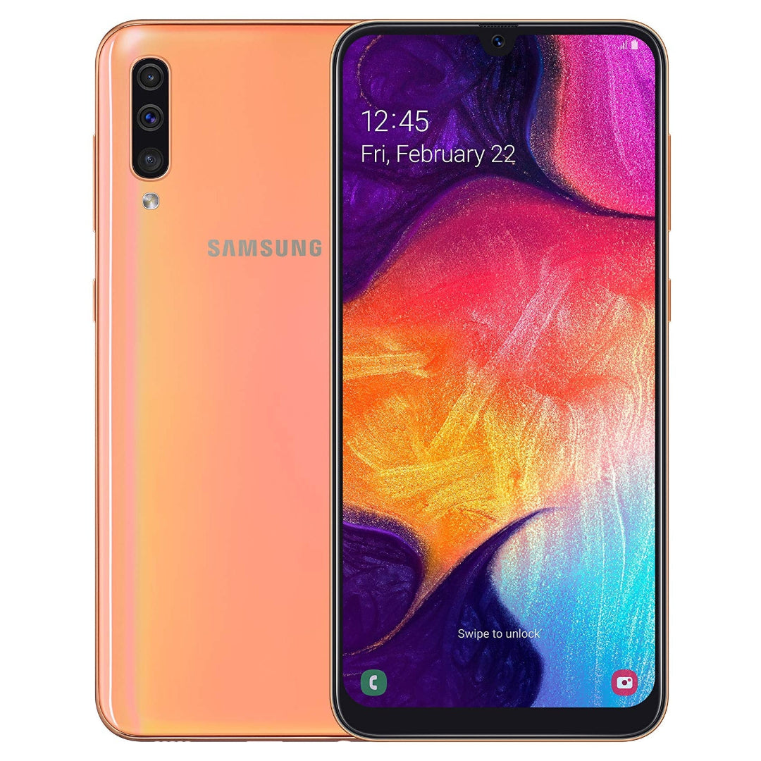 Refurbished Samsung Galaxy A50 SIM free smartphone, front view showing screen and sleek design.