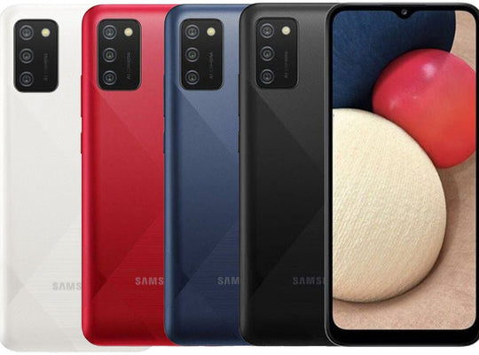 Samsung Galaxy A02s refurbished SIM free smartphone in various colors, featuring a large display and multiple camera lenses.
