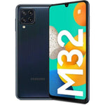 Refurbished Samsung Galaxy M32 5G smartphone with black front and back, showing the device's sleek design and screen display.
