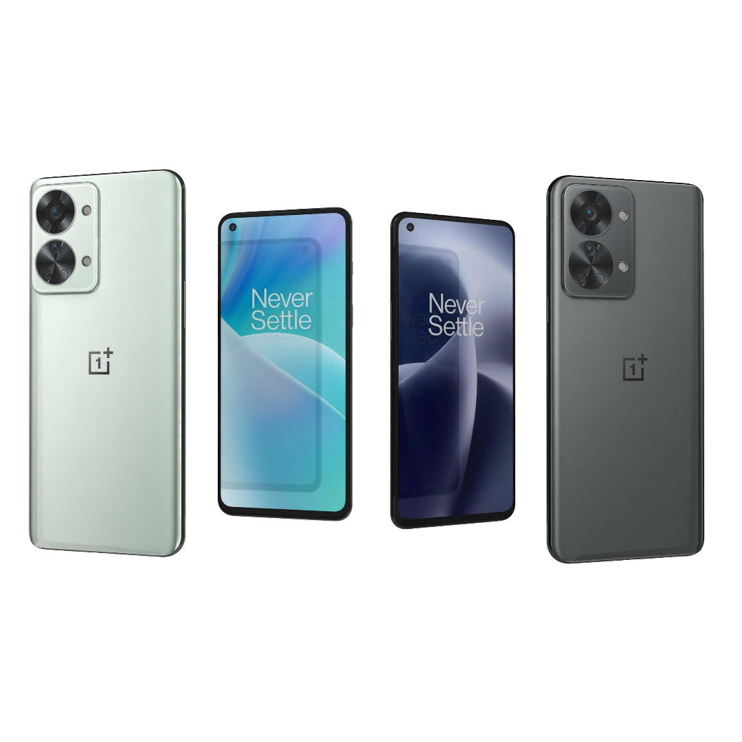 Refurbished OnePlus Nord 2T 5G smartphone in Jade Fog and Gray Shadow colors, unlocked and ready for SIM card.