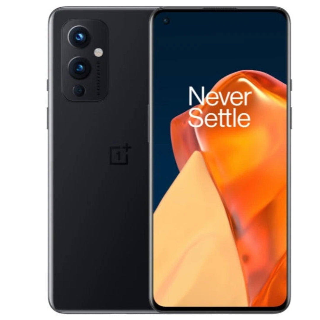 Refurbished OnePlus 9 5G smartphone with sleek design, front and back views, showcasing the black color and smooth finish.