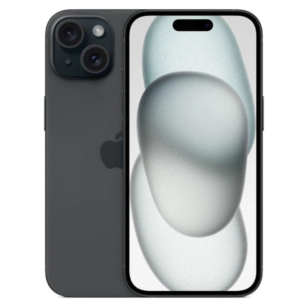 Refurbished Google iPhone 15 (5G) SIM free smartphone displaying the front screen with app icons and sleek design.
