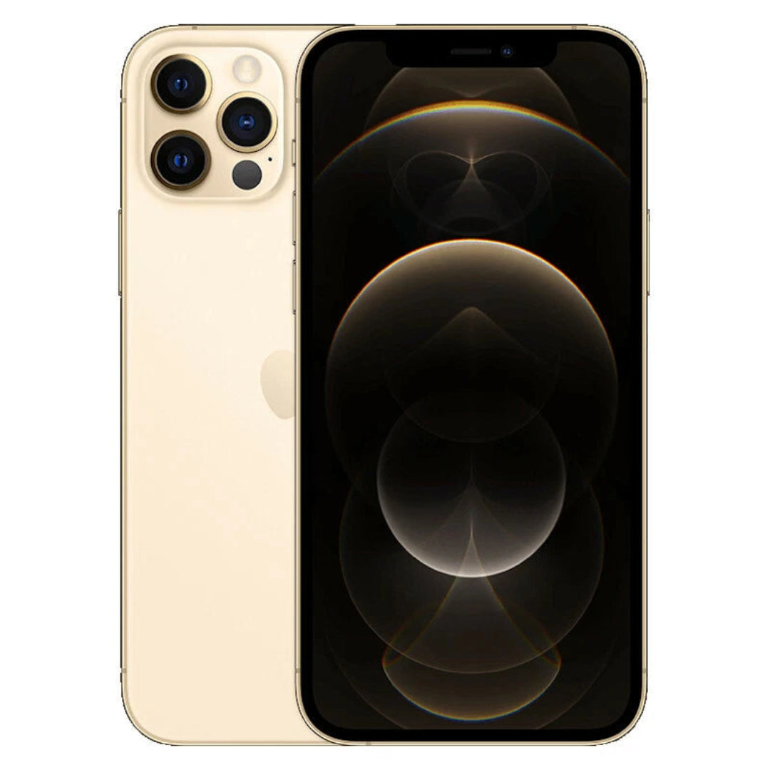 Refurbished Apple iPhone 12 Pro Max SIM free smartphone with triple camera system and sleek design, shown in black.