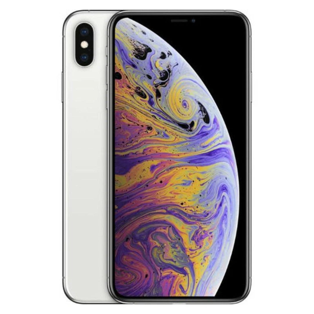 Refurbished Apple iPhone XS Max SIM free by Handtec, showing the front display with apps and sleek design.