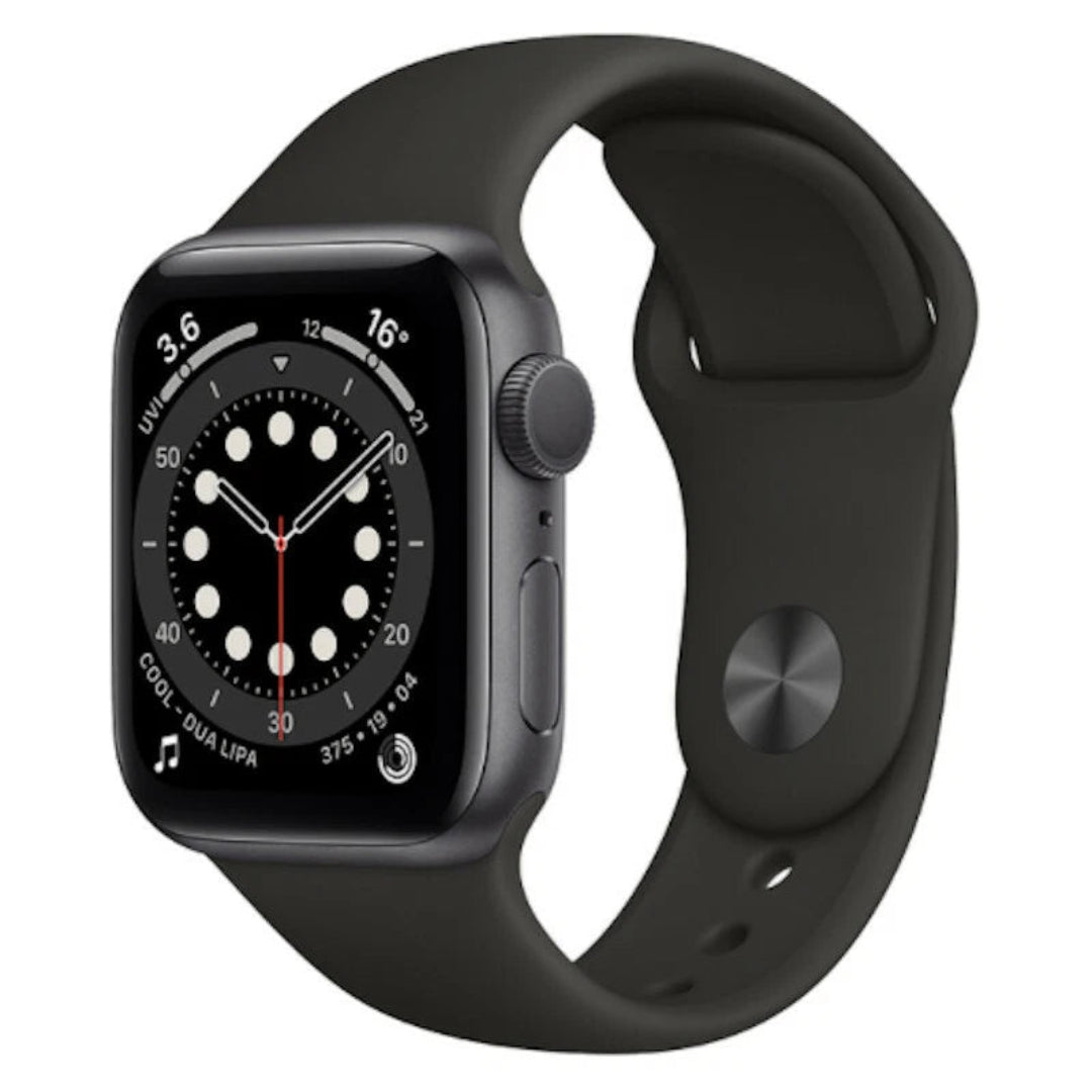 Apple Watch Series 6 GPS 40mm in Space Grey Aluminum, refurbished good condition, showing the watch face and band.