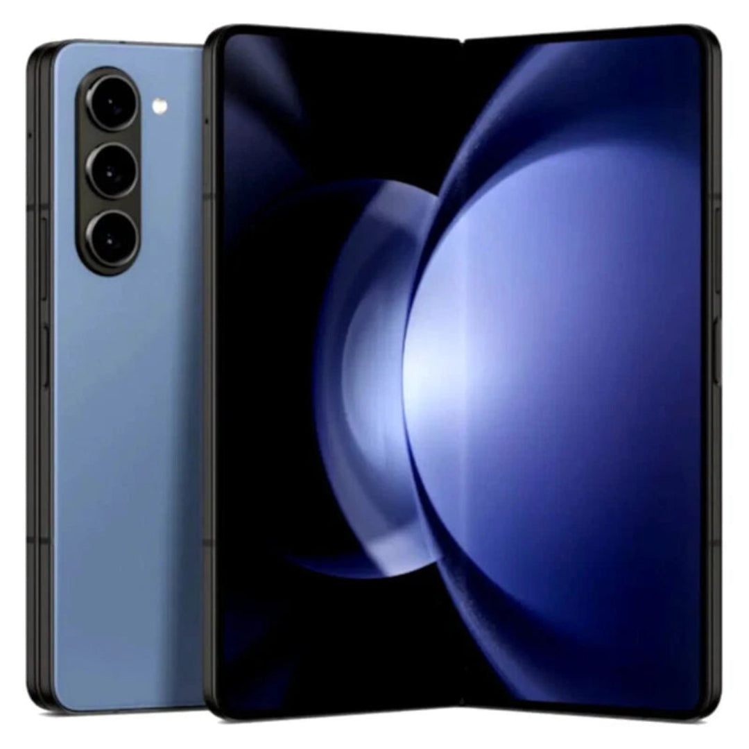 Refurbished Samsung Galaxy Z Fold 5 unlocked smartphone displaying its foldable screen in a sleek design.