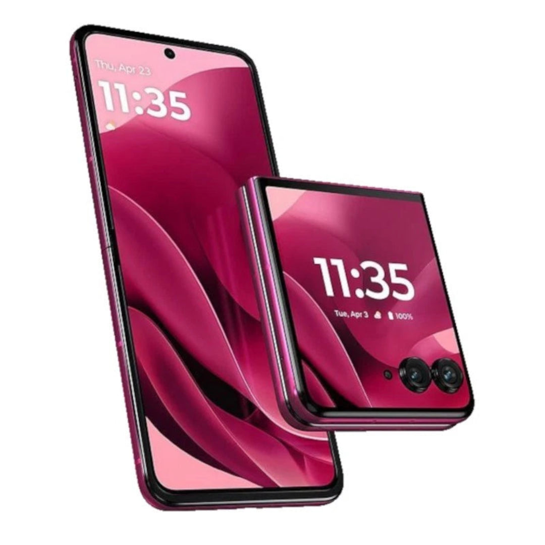 Samsung Motorola Razr 50 Ultra refurbished SIM free unlocked flip smartphone, shown in a sleek design image.