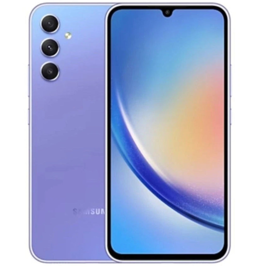 Refurbished Samsung Galaxy A34 5G smartphone with black front and colorful back, displaying the device's screen and sleek design.