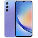 Refurbished Samsung Galaxy A34 5G smartphone with black front and colorful back, displaying the device's screen and sleek design.