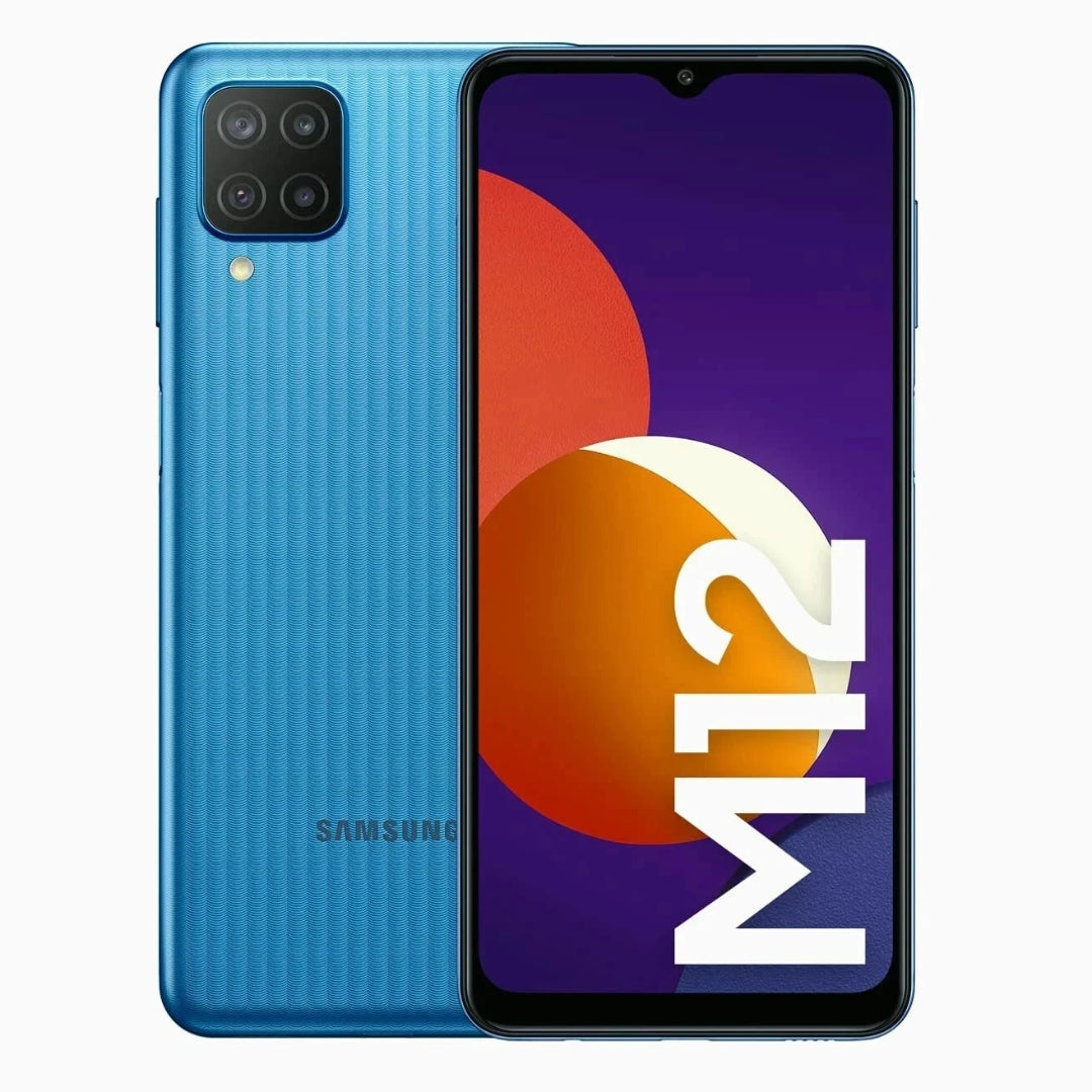 Samsung Galaxy M12 64GB blue refurbished unlocked smartphone showing front screen with app icons and sleek design.