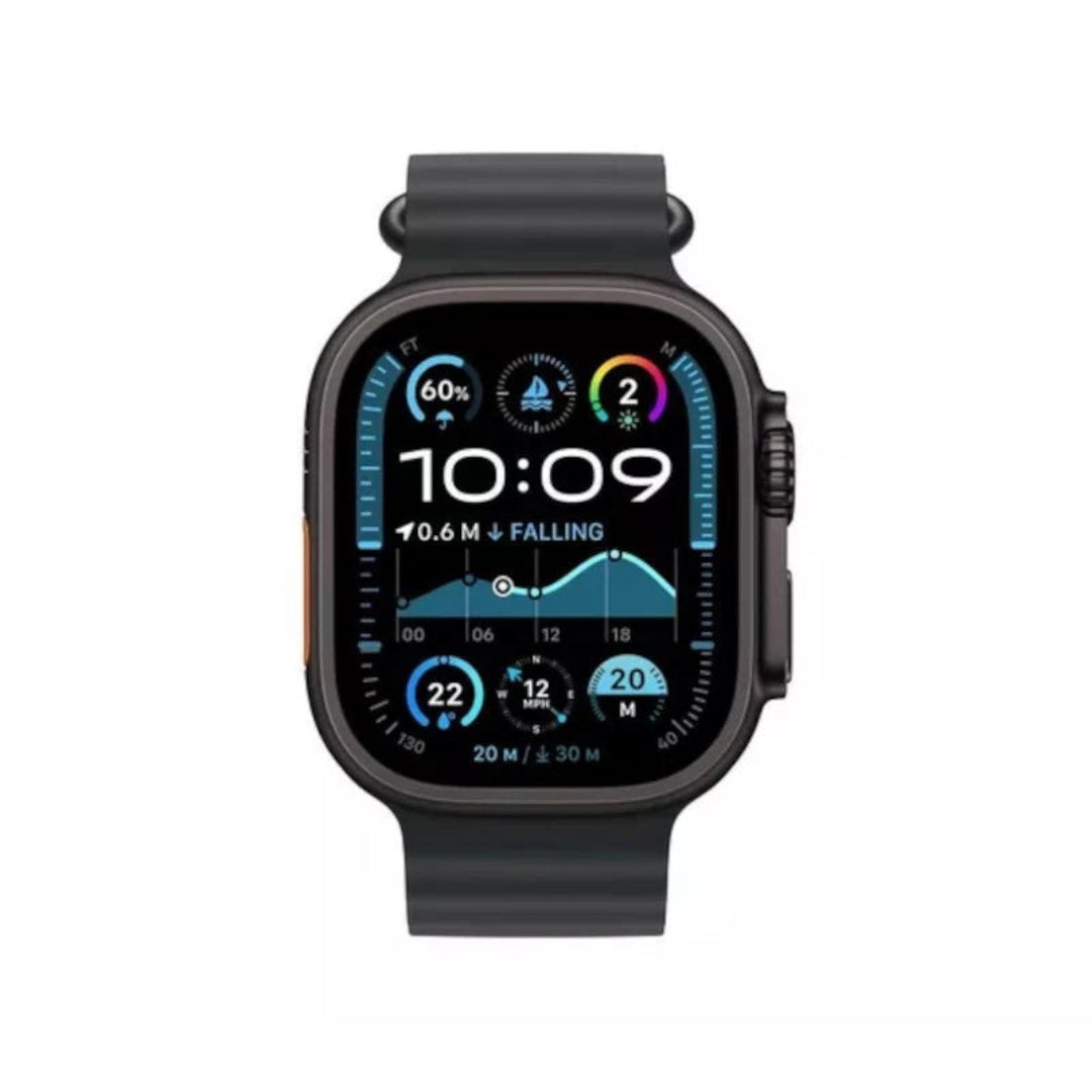 Refurbished Apple Watch Ultra 2 with GPS and cellular, 49mm titanium case, showing the smartwatch with a digital display.