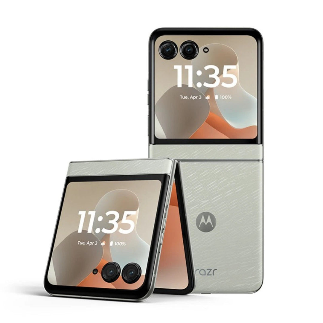 Refurbished Samsung Motorola Razr 60 foldable flip phone with sleek design and large display, SIM free variant.