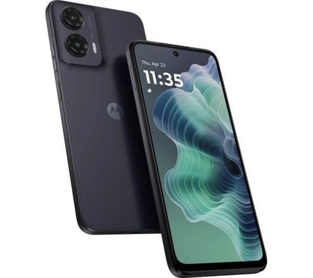 Refurbished Motorola Moto G35 smartphone in Midnight Black with 128GB storage, unlocked and in excellent condition.