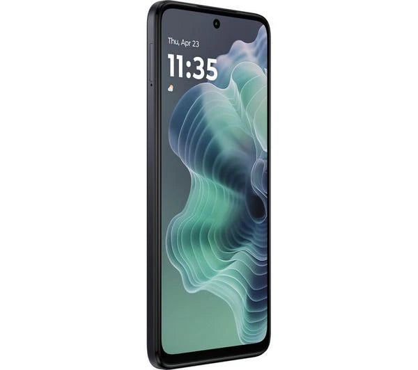 Motorola Moto G35 refurbished smartphone in Midnight Black, 128GB storage, unlocked, with a sleek modern design.