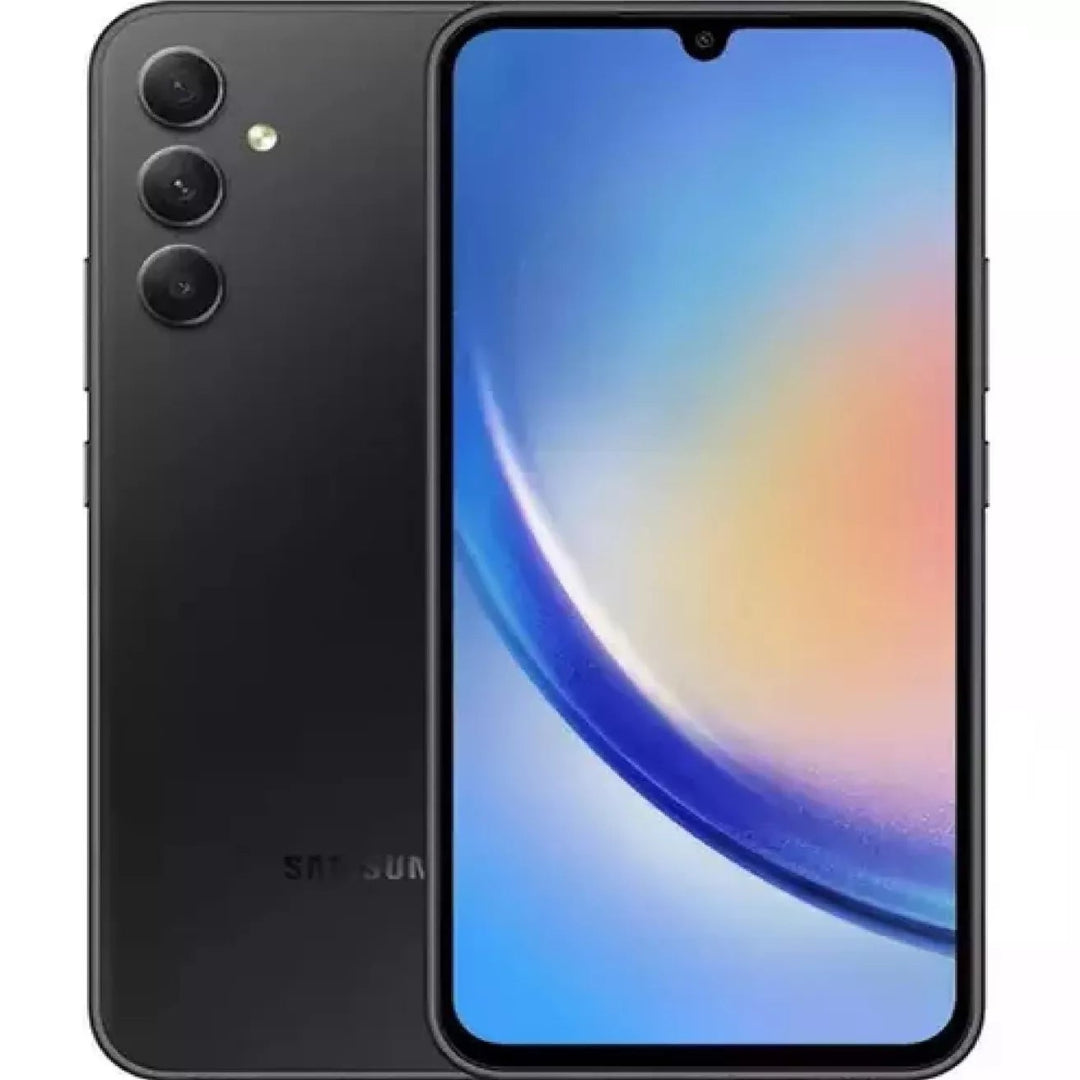 Refurbished Samsung Galaxy A34 5G smartphone with sleek design, shown in a close-up view of the device's front and back.