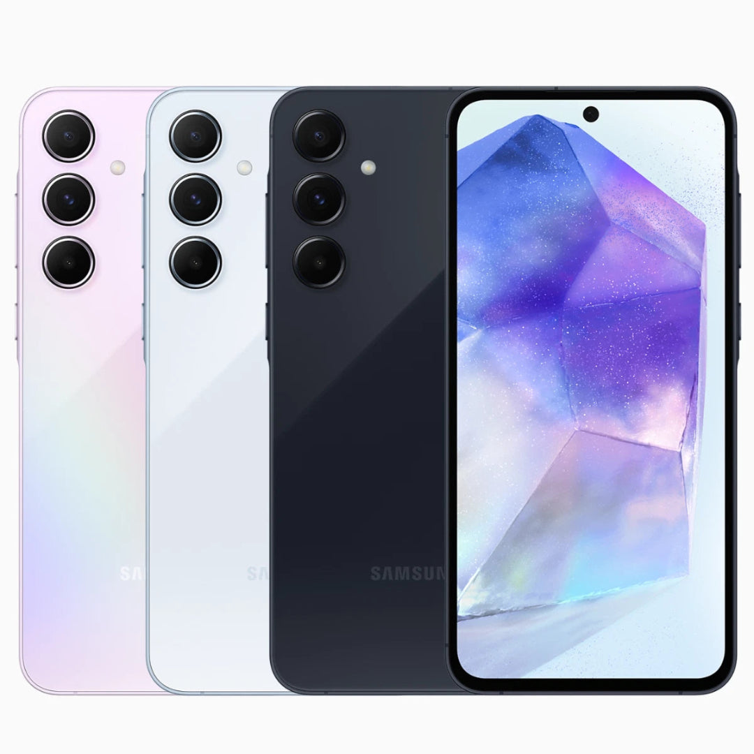 Refurbished Samsung Galaxy A55 SIM free smartphone with sleek design and large display, shown in the product image.