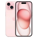 Refurbished Apple iPhone 15 Pink 128GB smartphone with no Face ID, unlocked, in excellent condition, front and back view.