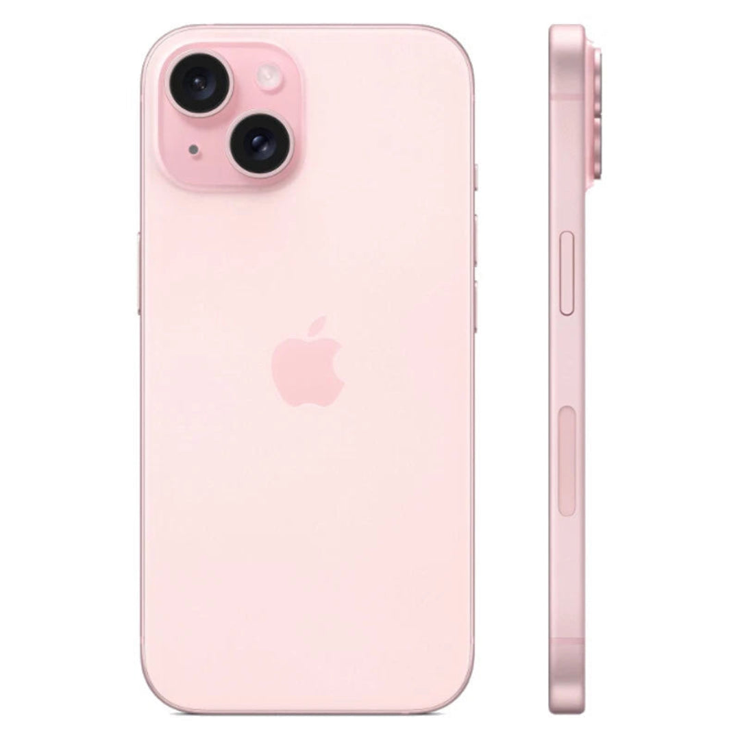 Refurbished Apple iPhone 15 128GB pink smartphone with no Face ID, unlocked, in excellent condition, front view.