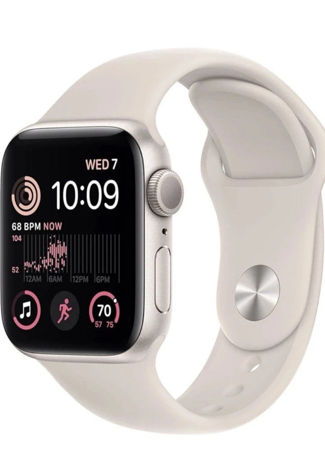 Refurbished Apple Watch SE 2nd Gen GPS 40mm aluminum in Starlight with digital display and sleek design.
