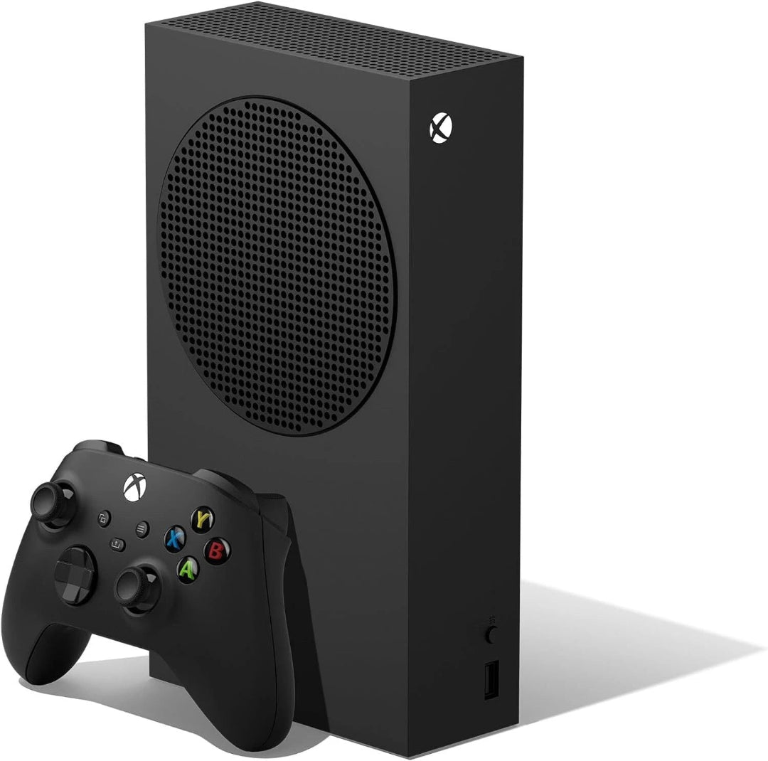 Refurbished Microsoft Xbox Series S gaming console with 1TB storage and black controller, shown in black carbon color.