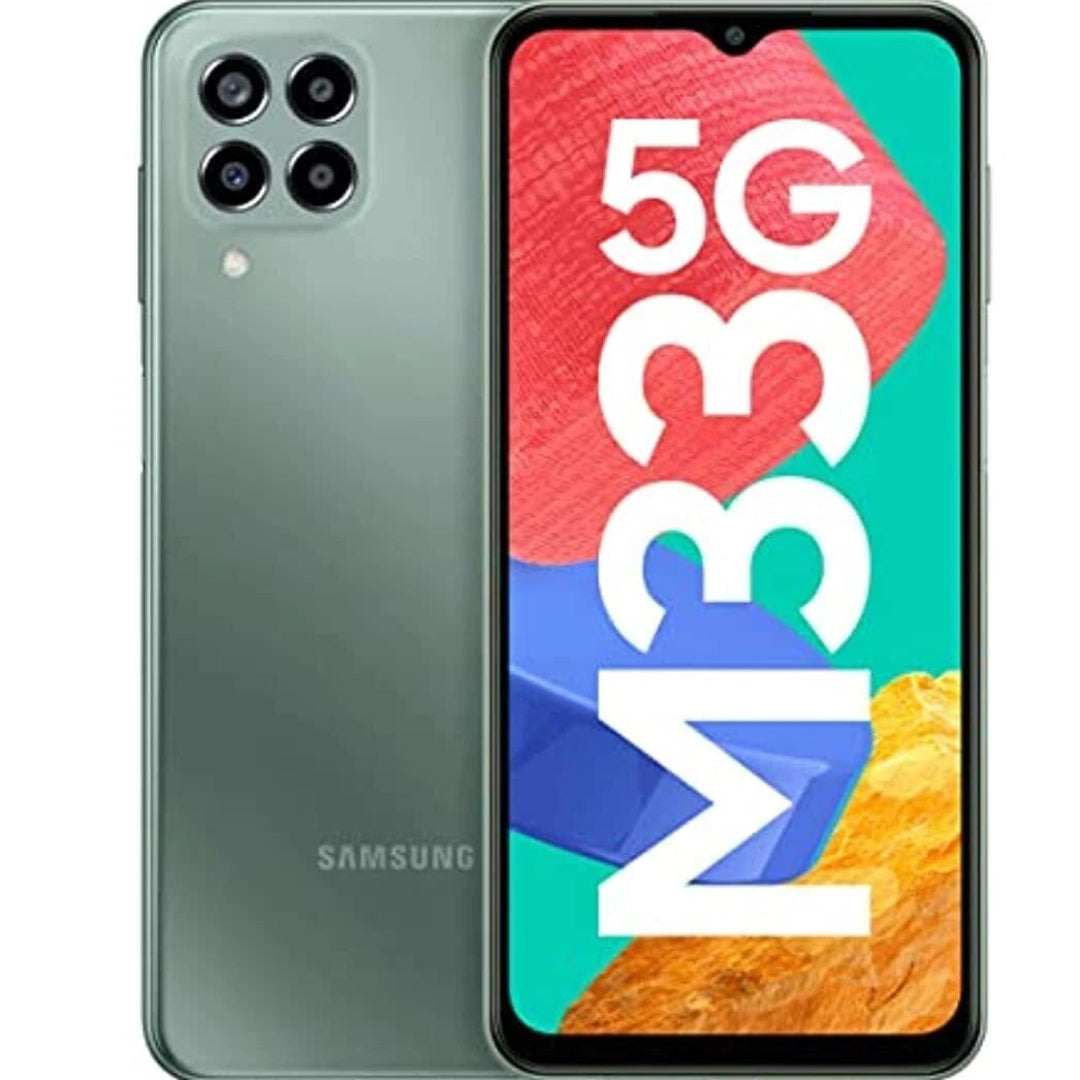 Refurbished Samsung Galaxy M33 5G smartphone in green with 128GB storage, unlocked and in good condition.