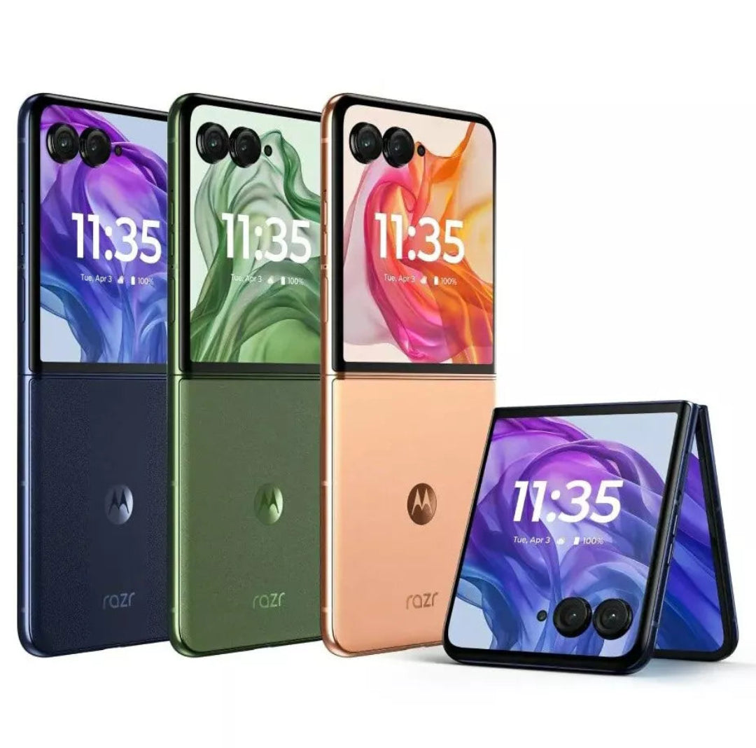 Refurbished Samsung Motorola Razr 50 Ultra flip phone, unlocked, SIM-free, displaying its sleek screen and modern design.