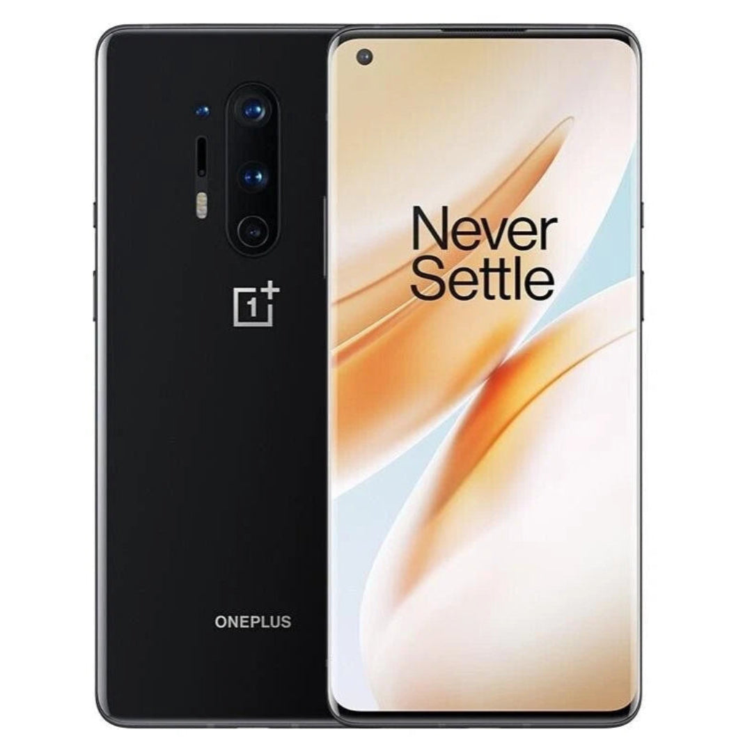 Refurbished OnePlus 8 Pro 5G smartphone with sleek design, displayed against a neutral background, showcasing its front and back.