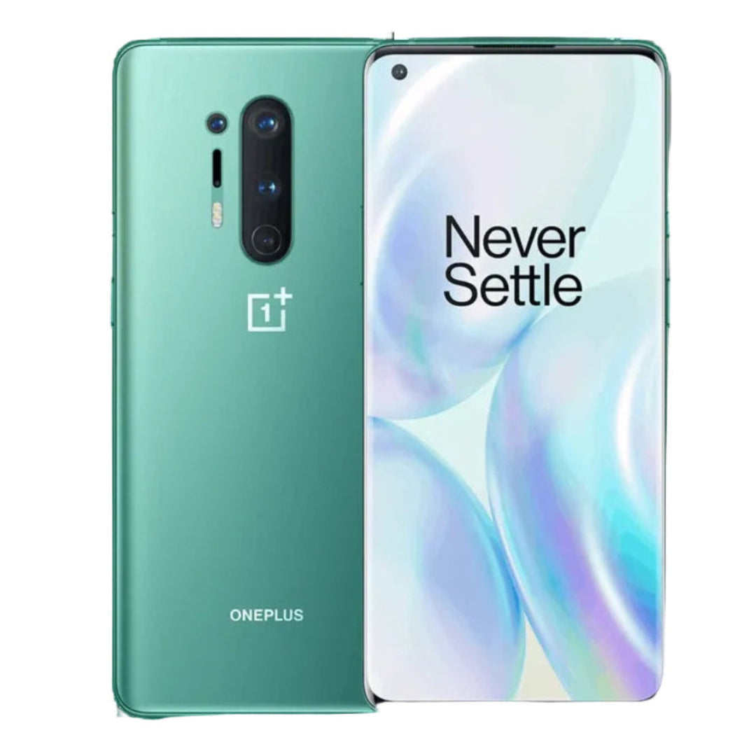Refurbished OnePlus 8 Pro 5G smartphone with sleek design, displayed on a plain background, showing the front and back of the device.