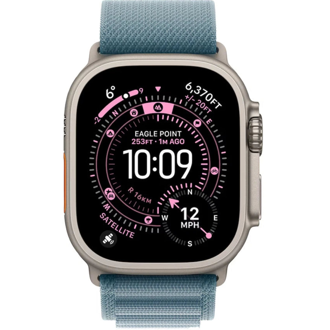 Refurbished Apple Watch Ultra 3 49mm titanium and ceramic case with GPS and cellular, showing the sleek watch face and band.