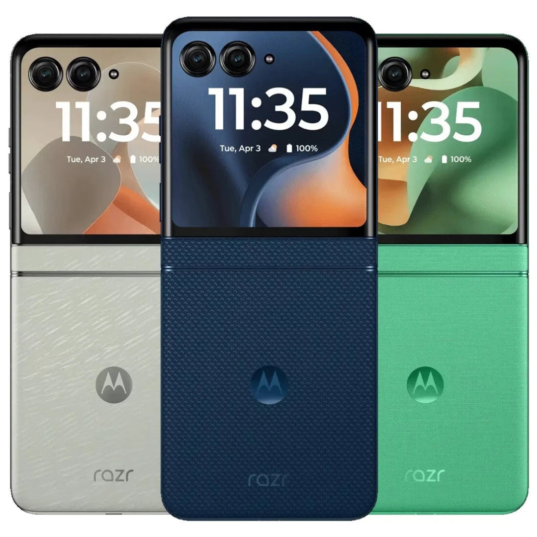 Refurbished Samsung Motorola Razr 60 flip phone with SIM-free design, showing the sleek clamshell exterior and display screen.