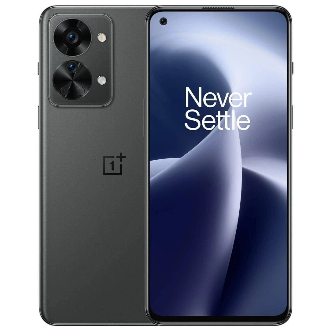 Refurbished OnePlus Nord 2T 5G unlocked smartphone with sleek design and 6.43-inch display, shown in black color.