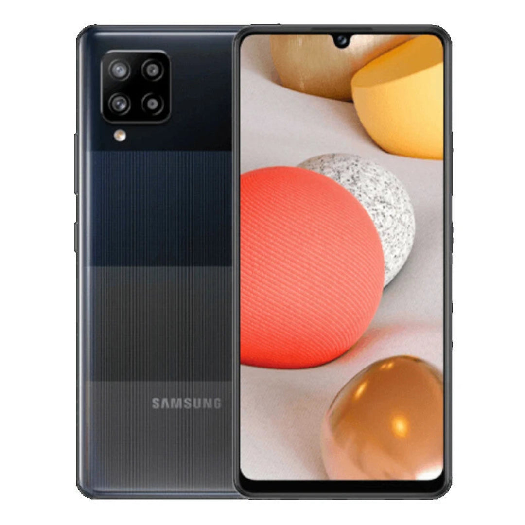 Refurbished Samsung Galaxy A42 5G smartphone with black front and back, showing the sleek design and screen display.