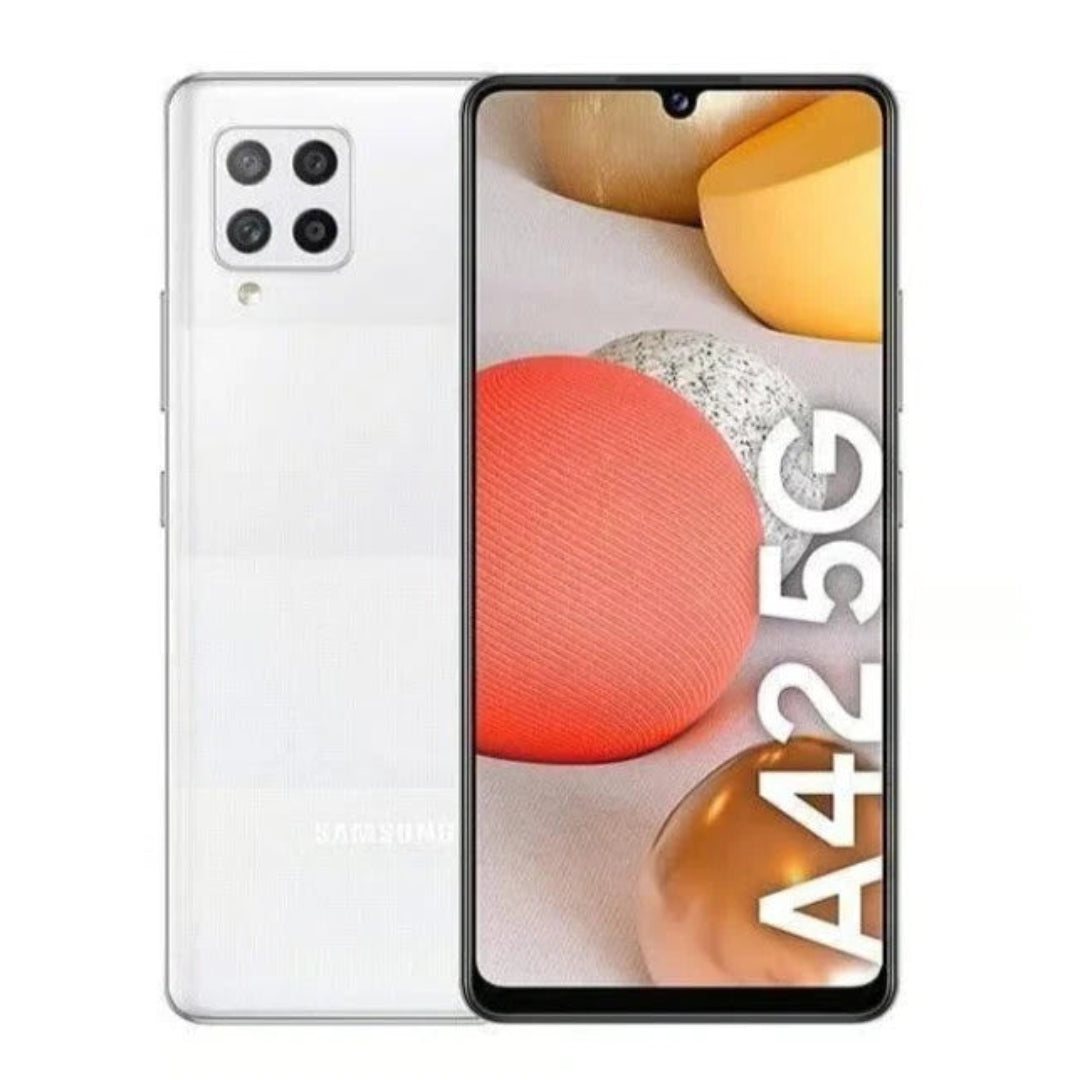 Refurbished Samsung Galaxy A42 5G smartphone with black front and colorful back display, showcasing the device's screen and design.