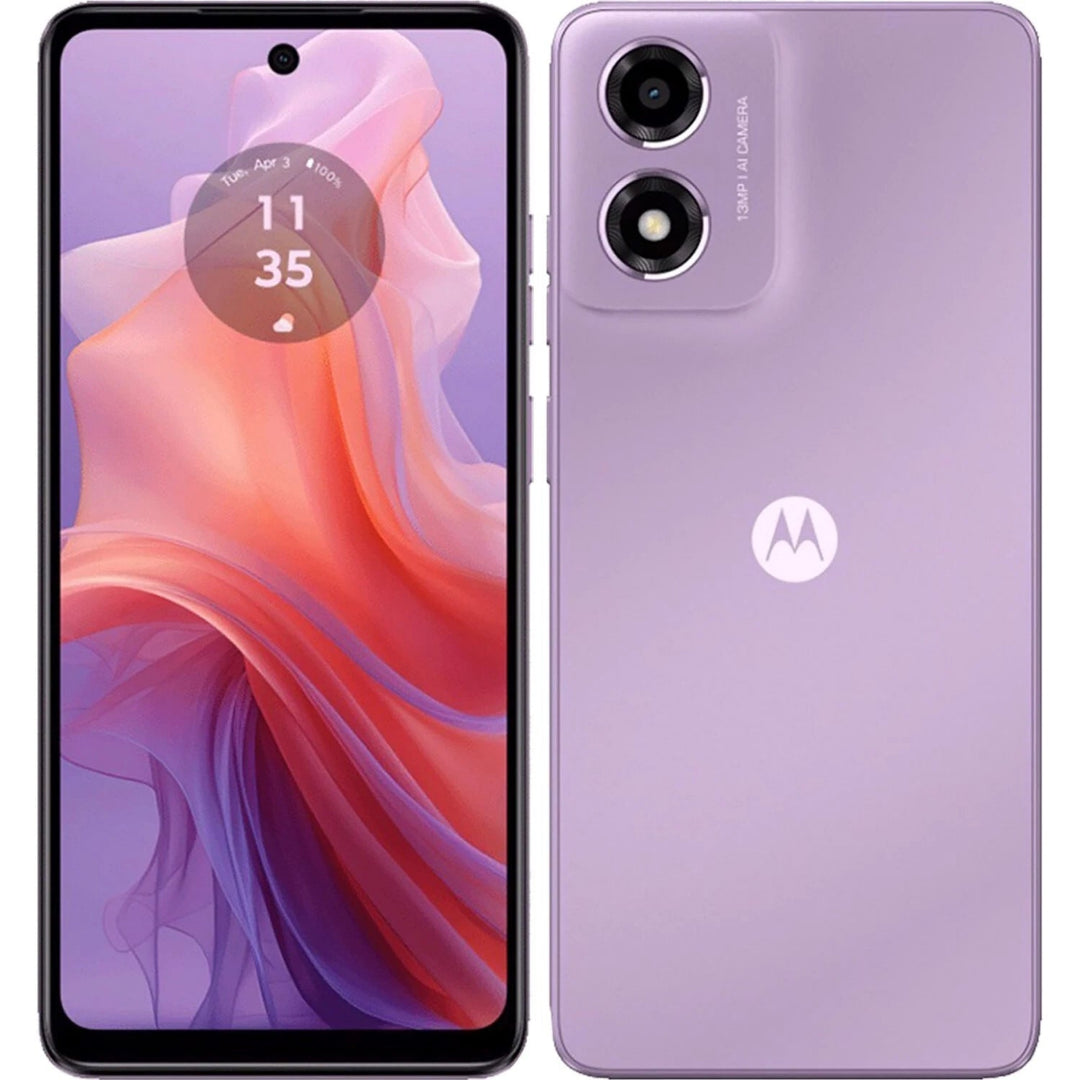 Refurbished Motorola Moto E14 smartphone in pastel purple, showing the front display with app icons and sleek design.