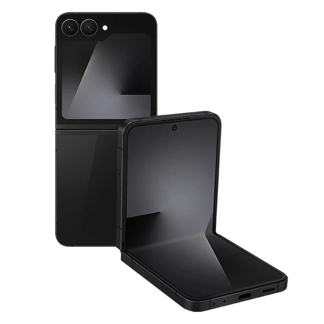 Samsung Galaxy Z Flip7 5G refurbished unlocked flip smartphone, showing the device partially folded with a vibrant display.