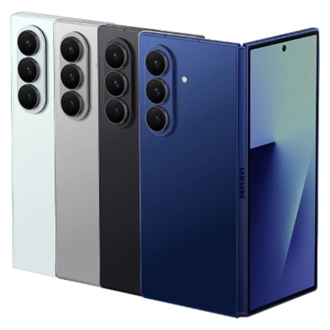 Refurbished Samsung Galaxy Z Fold7 5G smartphone displaying its foldable screen in a sleek open position.