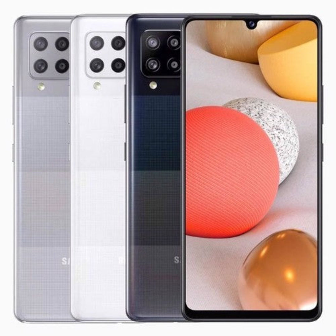 Refurbished Samsung Galaxy A42 5G smartphone with black back, quad-camera setup, and sleek design.