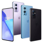 Refurbished OnePlus 9 5G smartphone with sleek black design, front and back views showcasing the device and screen display.
