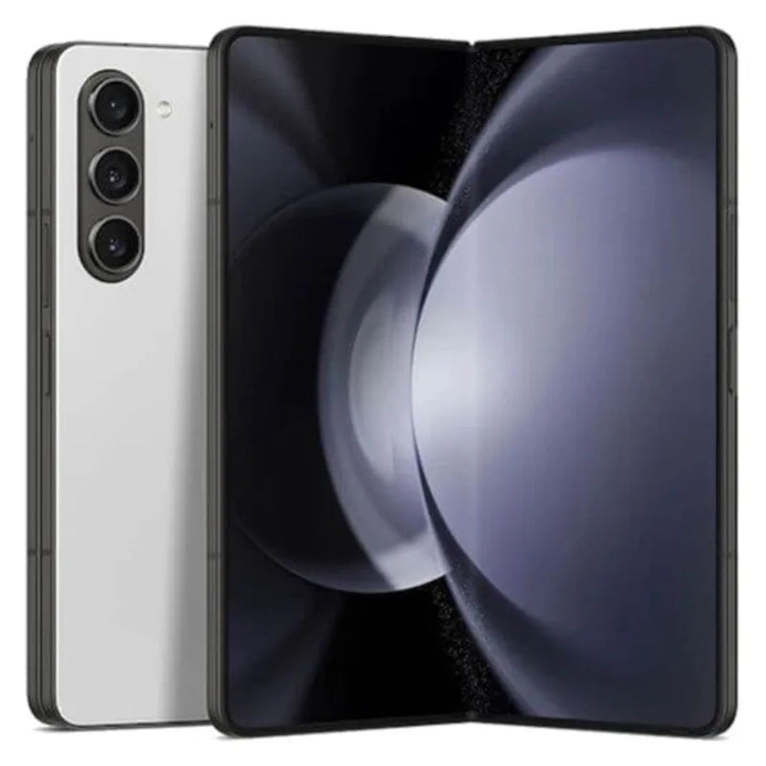 Refurbished Samsung Galaxy Z Fold 5 unlocked SIM-free smartphone with large foldable display and sleek design.