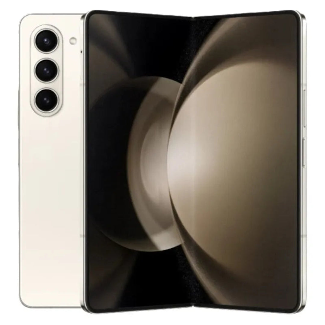 Refurbished Samsung Galaxy Z Fold 5 unlocked smartphone showing the foldable screen and sleek design.