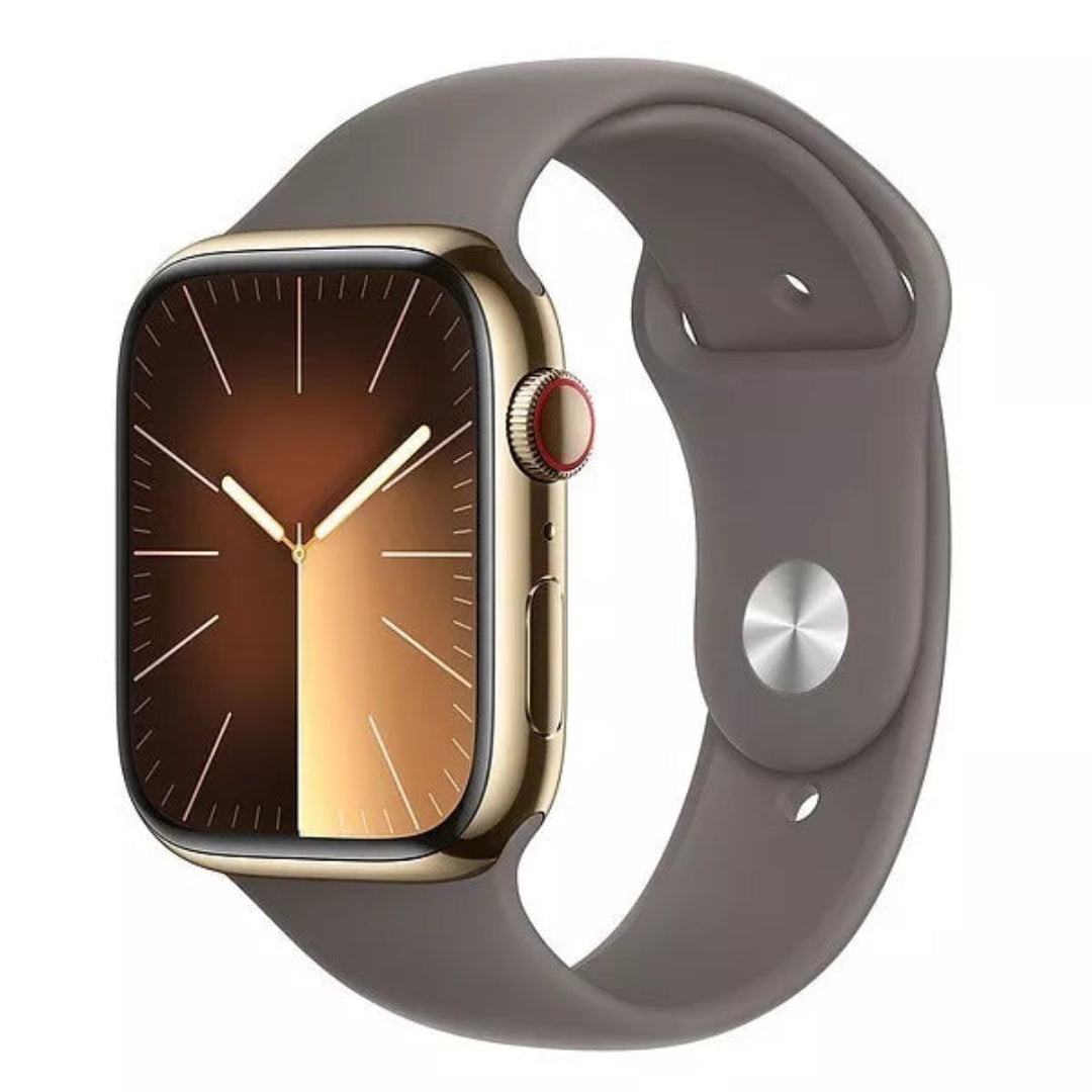 Refurbished Apple Watch Series 8 GPS + Cellular 45mm gold stainless steel smartwatch with digital display.