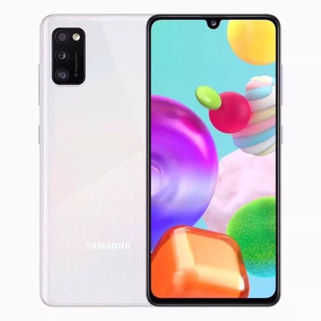 Refurbished Samsung Galaxy A41 SIM free smartphone, showing front display with screen icons and sleek design.