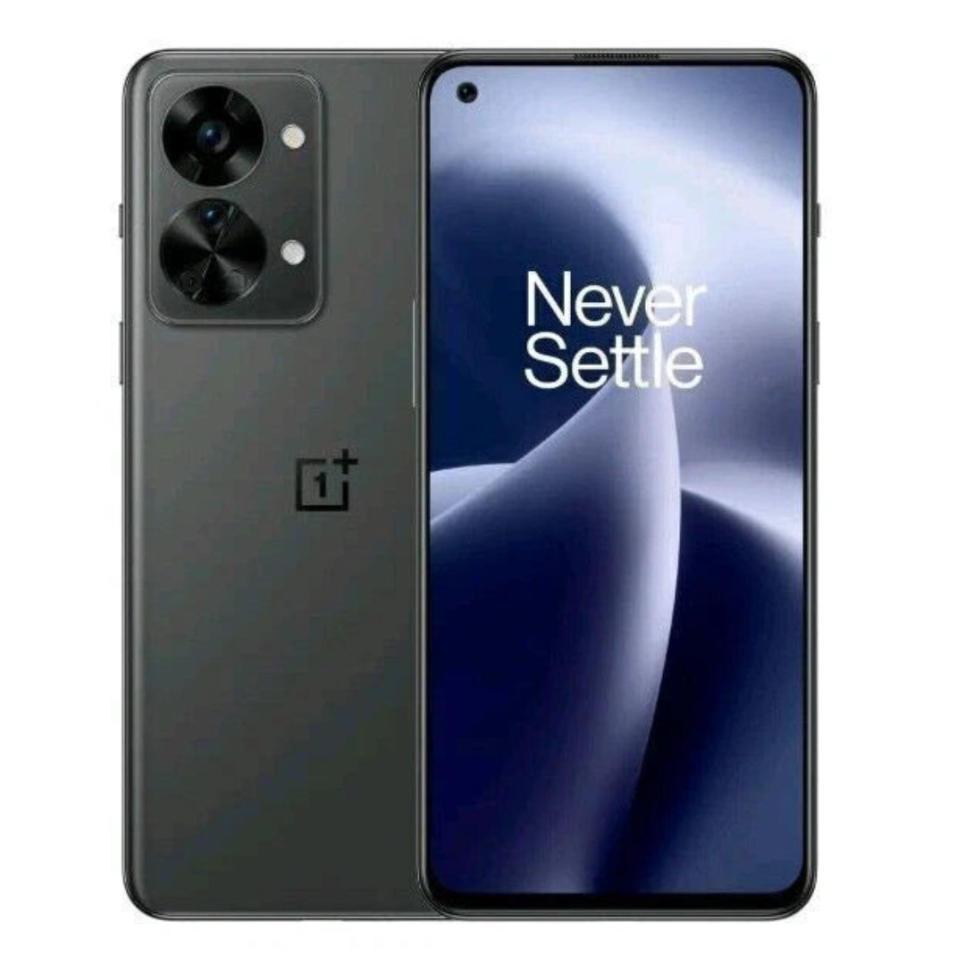 Refurbished OnePlus Nord 2T 128GB Black 5G dual SIM smartphone showing front and back with sleek design and display.