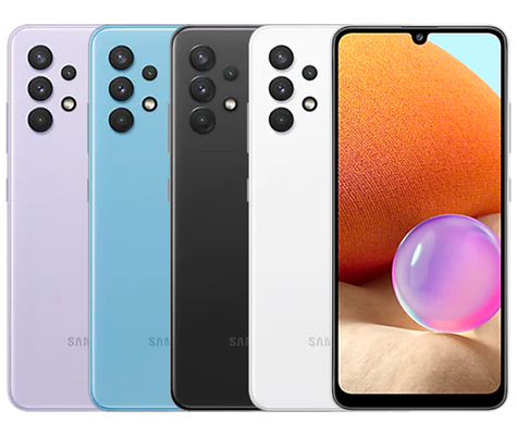 Refurbished Samsung Galaxy A32 5G smartphone with a sleek design, displayed in a close-up view showcasing the screen and back.
