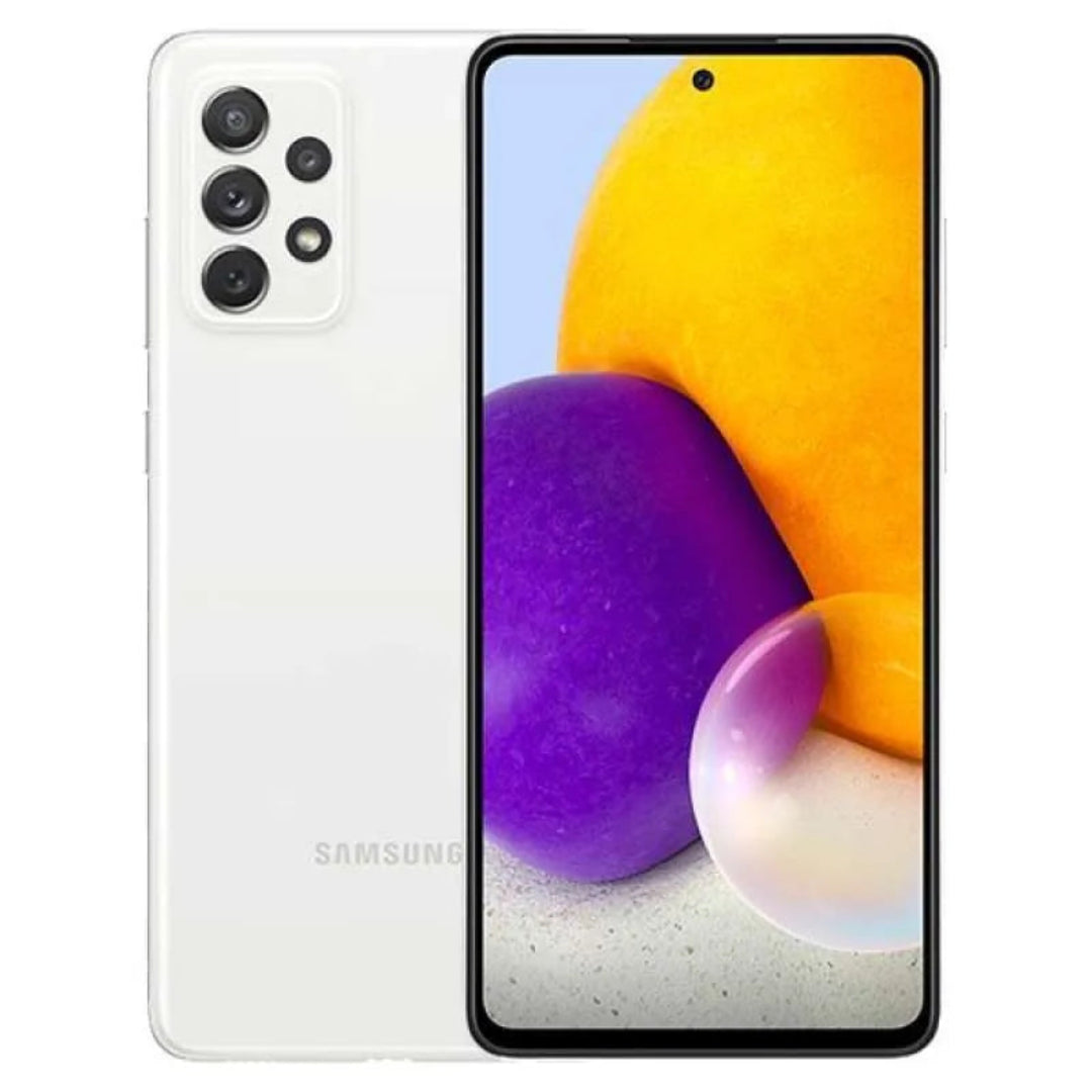 Refurbished Samsung Galaxy A72 smartphone with 8GB RAM and 128GB storage, showing the front display with colorful wallpaper.