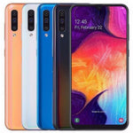 Refurbished Samsung Galaxy A50 SIM free smartphone showing the front display with app icons and a sleek design.